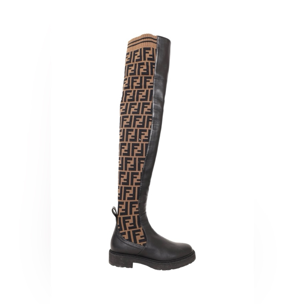 Fendi Rockoko FF Zucca Leather Over The Knee Boots